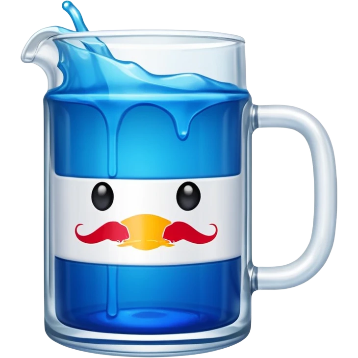 A large clear glass mug with a bright blue liquid inside.  Make the mug thicker and white/clear, not blue. beer stein. Handle is not blue. The walls of the mug are very thick and white. Only one handle. No actual beer. Can of redbull sticking out of too emoji