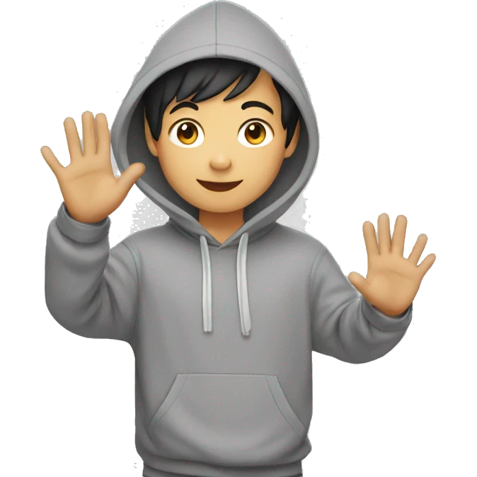 asian boy in grey hoodie waving at friends emoji