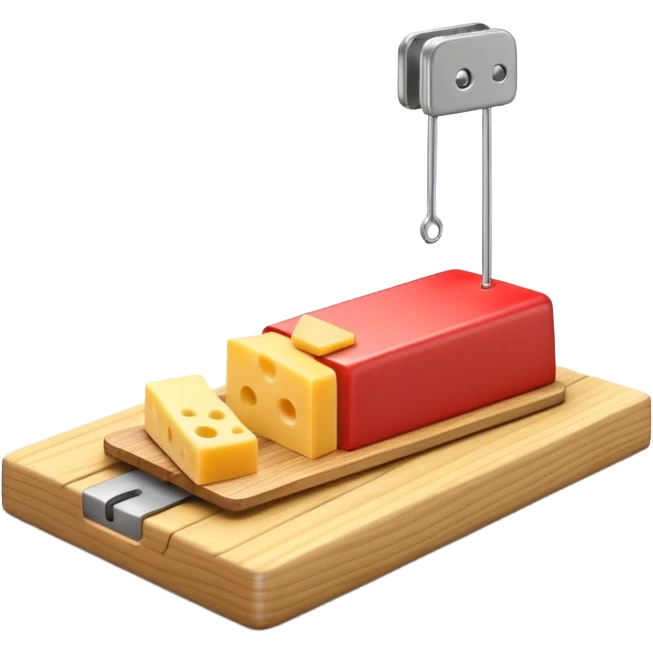 A 3D emoji in iOS emoji aesthetic style of a small mousetrap on a wooden base with a tiny gray mouse approaching a small piece of yellow cheese on it, minimal white background, bright lighting, clean and glossy Apple-style design emoji