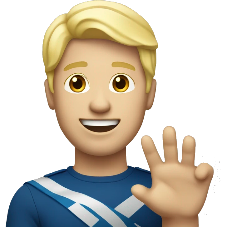 Male with blonde hair waving hand to say hello with a Scotland emoji