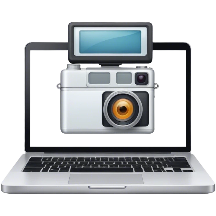 Create an emoji representing blogging. The design should feature an open laptop with a visible blog post on the screen, showing text. Add a photo or video camera to emphasize multimedia content. Do not include any emojis or smiley faces. Make the background transparent. emoji