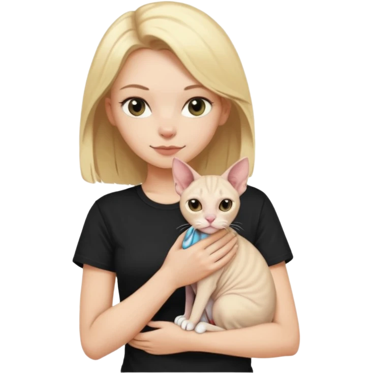 A white girl with blonde hair black T-shirt is holding a white Sphynx cat in her arms emoji