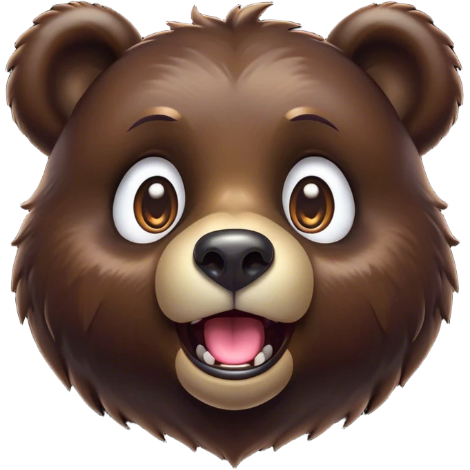 Cinematic Comical Bear Portrait Emoji, Head tilted dramatically with an exaggeratedly amused expression, featuring a striking, glossy dark brown fur with bold fur texture, wide, expressive eyes filled with playful disbelief, Simplified yet hilariously expressive features, highly detailed, glowing with a slightly sassy glow, high shine, dramatic yet playful, stylized with an air of cheeky wilderness mischief, bright and endearing, soft glowing outline, capturing the essence of a spirited and over-the-top bear, so meme-worthy it feels like it could roar its way into internet fame instantly! emoji