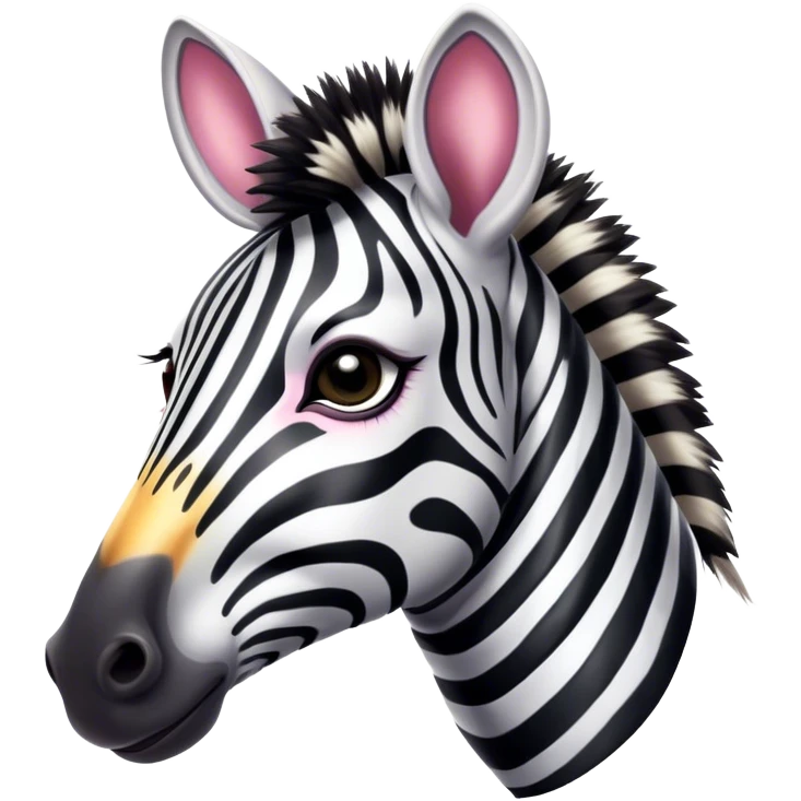 Cinematic Comical Zebra Portrait Emoji, Head tilted dramatically with an exaggeratedly amused expression, featuring a striking, glossy striped fur with bold contrasts, a refined, equine head with a long snout and alert ears, and wide, expressive eyes filled with playful disbelief, Simplified yet hilariously expressive features, highly detailed, glowing with a slightly sassy glow, high shine, dramatic yet playful, stylized with an air of cheeky savannah mischief, bright and endearing, soft glowing outline, capturing the essence of a spirited and over-the-top zebra that feels like it could prance its way into internet fame instantly! emoji