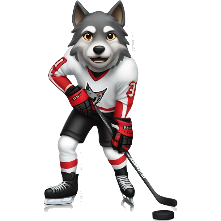 A wolf hockey player in a white red and black uniform holds a puck emoji