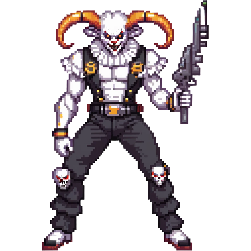 full-body muscular demonic clown, battle-ready, black and white leisure suit with bellbottom pants, bald, black ram horns, flashy black and white belt, ruffled white shirt, no neck tie, large fangs, holding very large futuristic rifle emoji