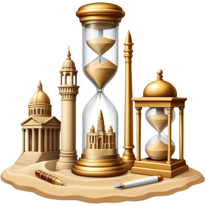 icon featuring ancient scrolls, quill pen with famous historical landmarks and monuments in the background. Large, antique sand clocks with sand pouring out represent the passage of time. Historical figures are depicted as statues. Transparent background. emoji