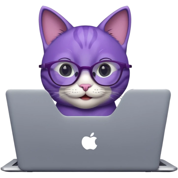 smart purple cat smiling in glasses with laptop emoji