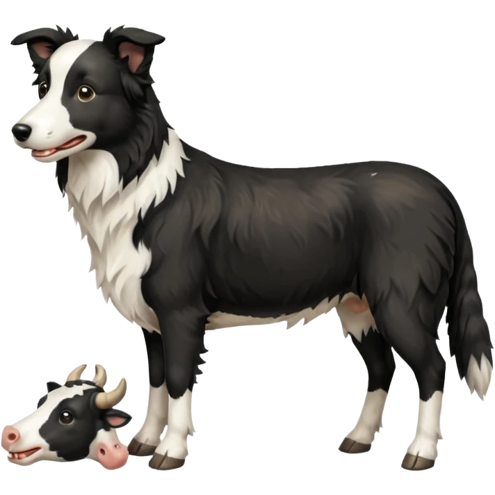 A black and white border collie is chewing on a cow's hoof. emoji