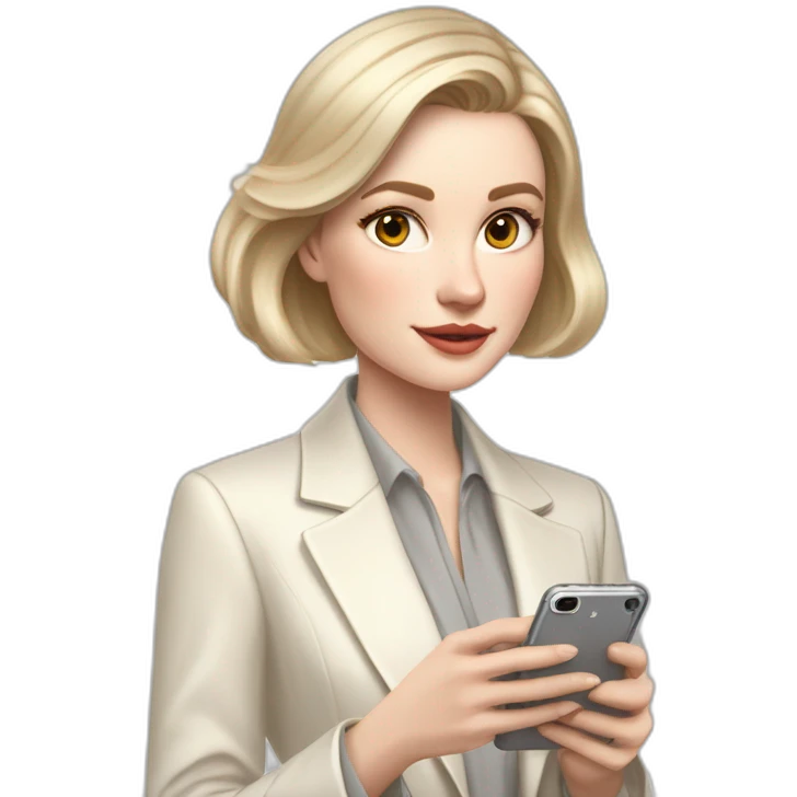 pale skin woman with ash blonde Straightened bob Hair, White Spacious classical jacket, beige palazzo Arrow pants and gray blouse holding white IPhone 15 pro in the hands emoji