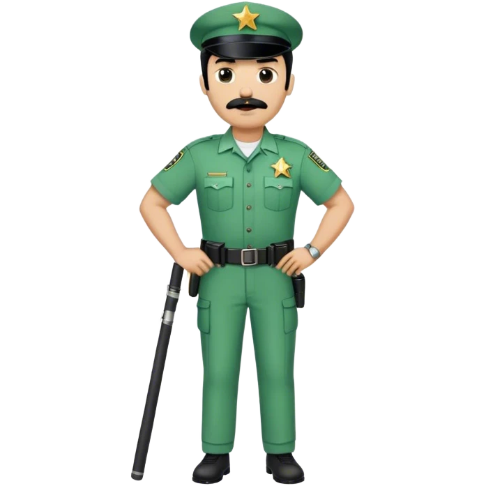 Chill guy in correctional officer green uniform. Full body. Black hair black mustache.  Light brown skin tone. Star badge. With duty belt and baton. emoji