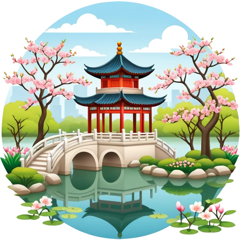 Suzhou garden with spring blossoms and pavilion by pond, simplified emoji style with bold outlines and bright colors, cartoon style traditional Chinese garden emoji