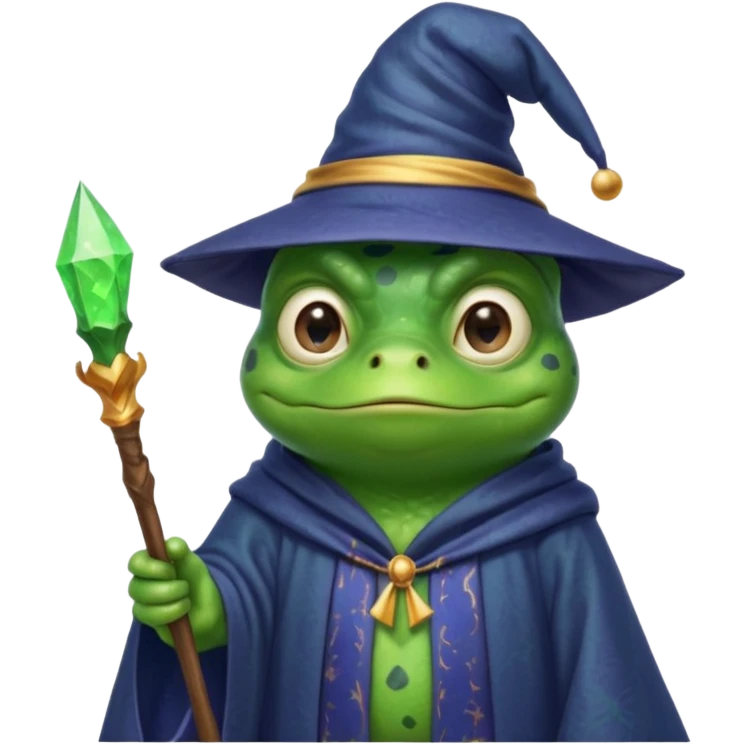 A smart frog in a hat and robes holds a pointer and with a smart face points out the mistake emoji