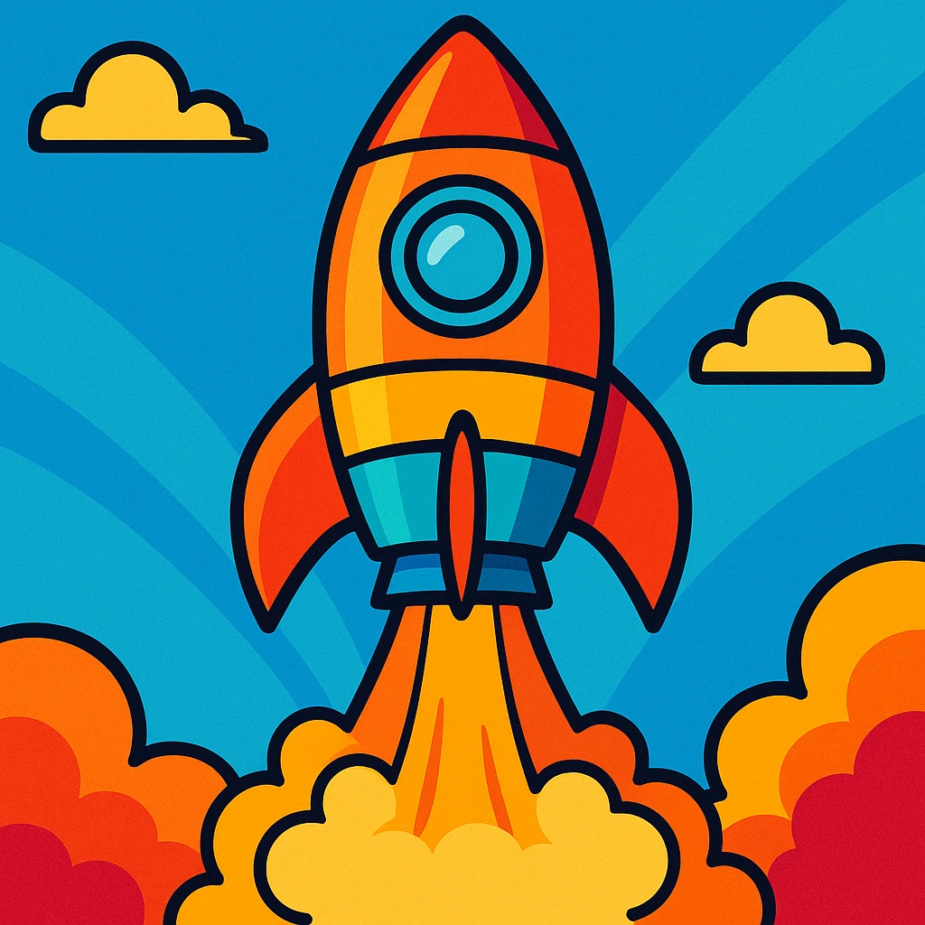 colorful rocket ship blasting off, vibrant colors, cartoon style emoji