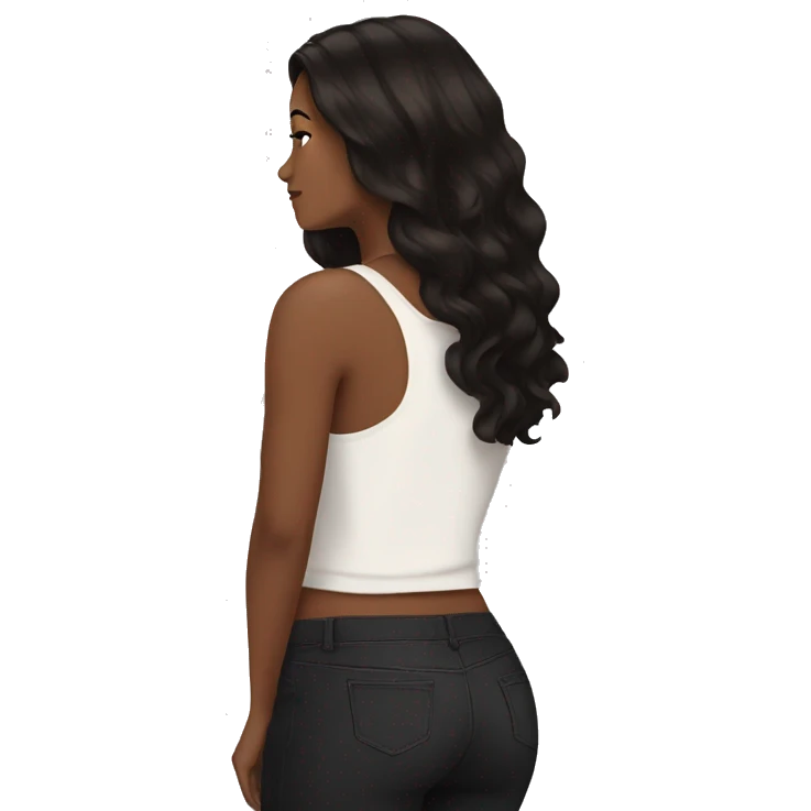 back side of a brown women, with black hair, a white crop top, wavy long hair emoji