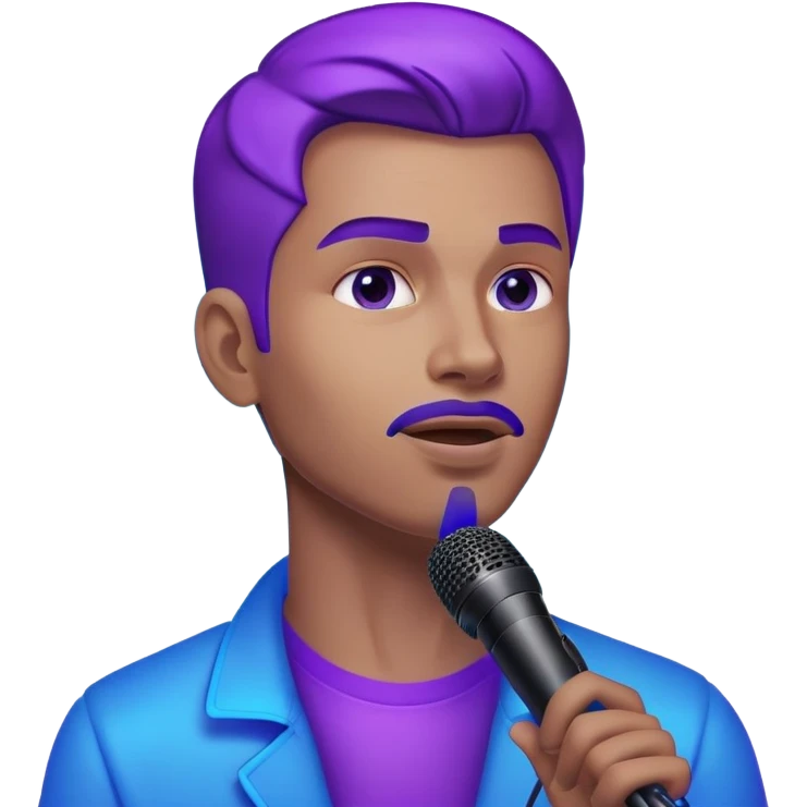 man speaking into a microphone, with neon glow effect, blue neon glow on top left, purple neon glow on bottom right emoji
