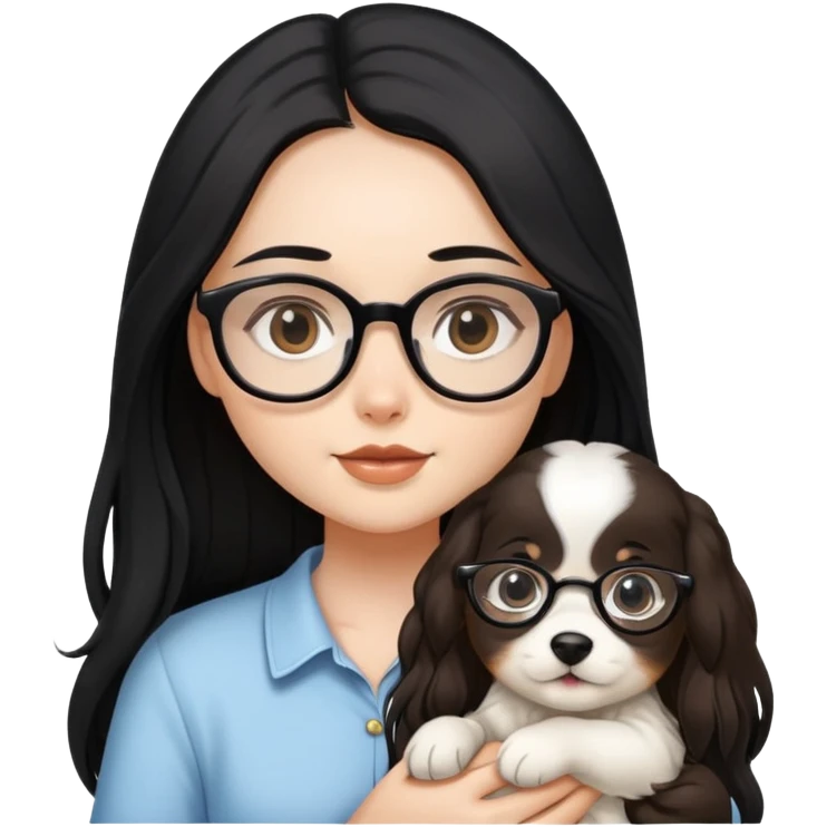 A beautiful girl with long black hair and glasses is holding a long-haired white and brown puppy emoji
