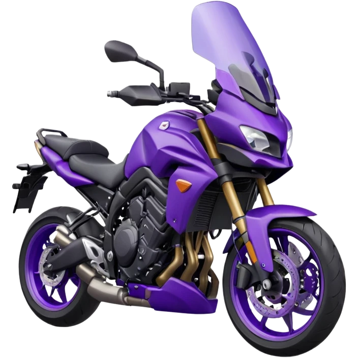 Créer un emoji avec une moto mt07 sport noir mate / violet iridescent très foncé, pare-brise de la moto violet. Avec une pilote dessus visière violet sombre visage caché . Avec fond arrière violet en arrière plan. emoji