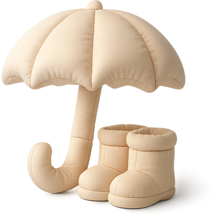 umbrella with matching rain boots, plush and rounded, cute, cushion style emoji