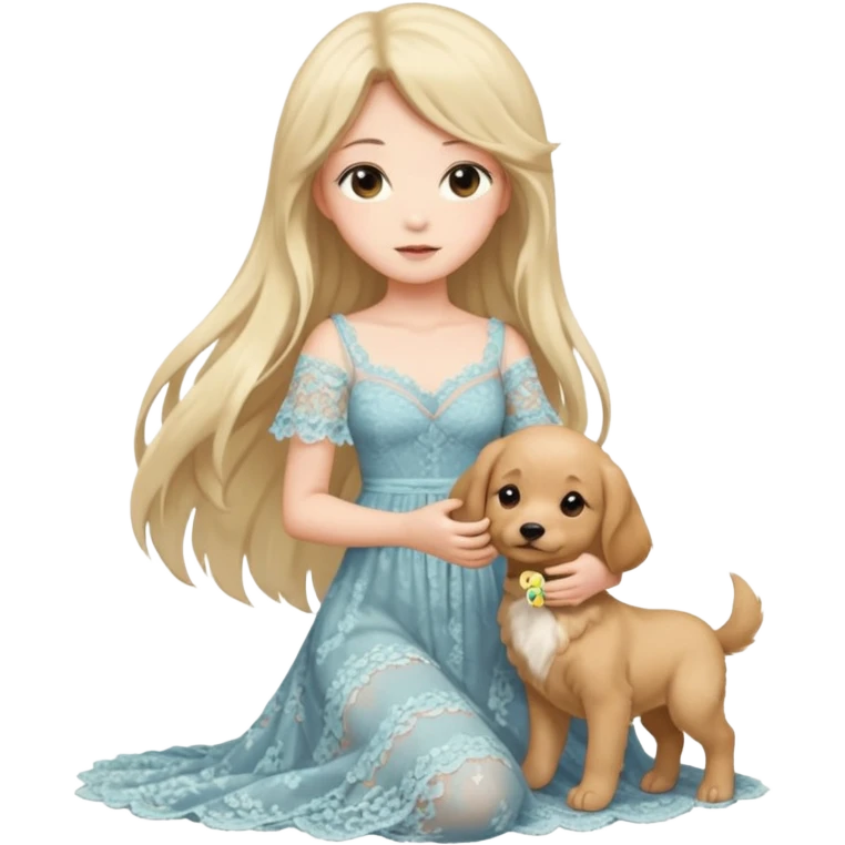 Pastel anime lady long hair with long lace dress full body holding puppy emoji