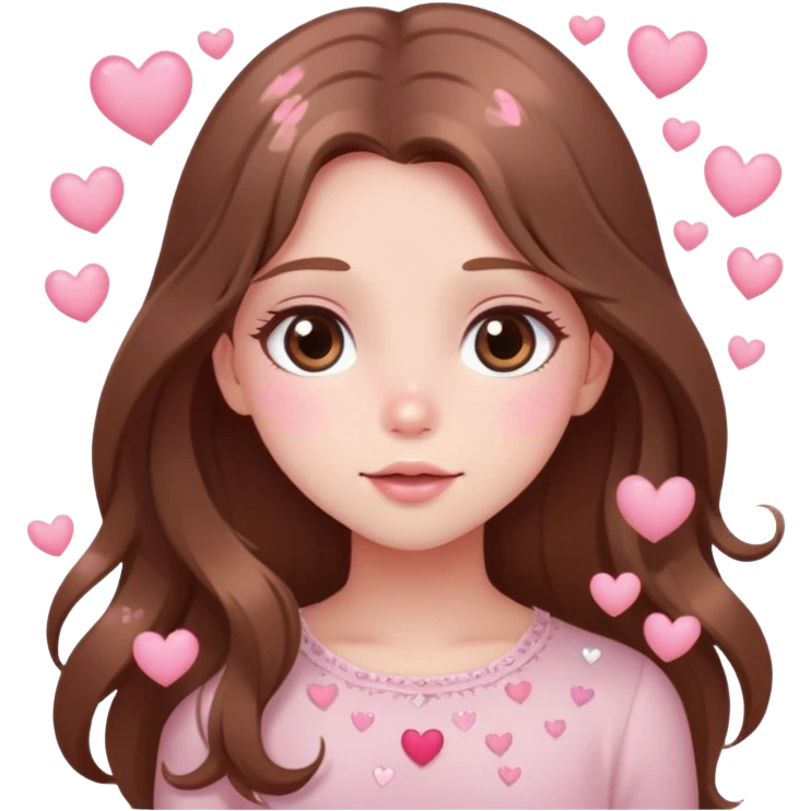 Girl with long brown hair blushing with sparkly eyes and little hearts floating around cartoon style cute delicate pale pink emoji