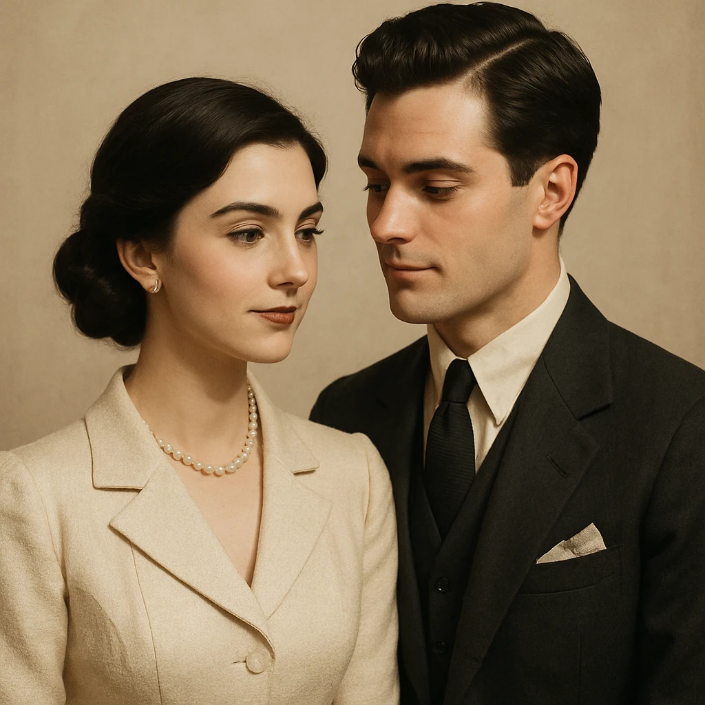 romantic couple with black hair, vintage old money fashion, refined and classic look emoji