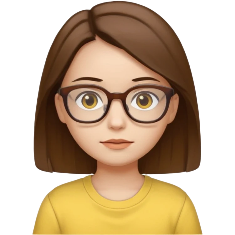 female with white skin. Shoulder length straight brown hair. Brown eyes with glasses. Female wearing baby yellow shirt. emoji