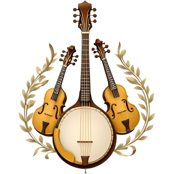 Design a sophisticated and festive emblem-like emoji representing plucked and stringed instruments. The layout should resemble a heraldic crest, featuring iconic instruments like a banjo, mandolin, domra, and sitar, artistically arranged in an elegant and symmetrical way. The necks of the instruments should be intertwined with a flowing ribbon of musical notes, winding around the strings and fretboards. The design should be detailed, showcasing the intricate carvings on the instruments, visible strings, and fret markers. Use a rich color palette with deep golds, browns, and vibrant accents to evoke a sense of luxury and celebration. The musical notes should appear to float around the instruments, connecting them in a graceful, dynamic way. Include ornate flourishes or decorative elements like laurels, swirls, or subtle engravings to give the image a professional, emblematic appearance. The background should be transparent. emoji