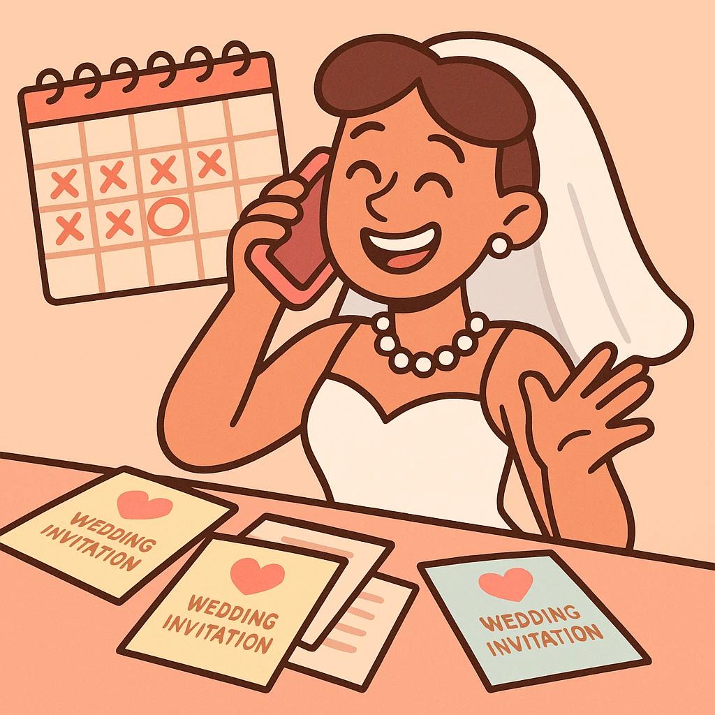 bride on the phone smiling with a calendar and wedding invitations spread out in front of her, soft pastel cartoon style emoji