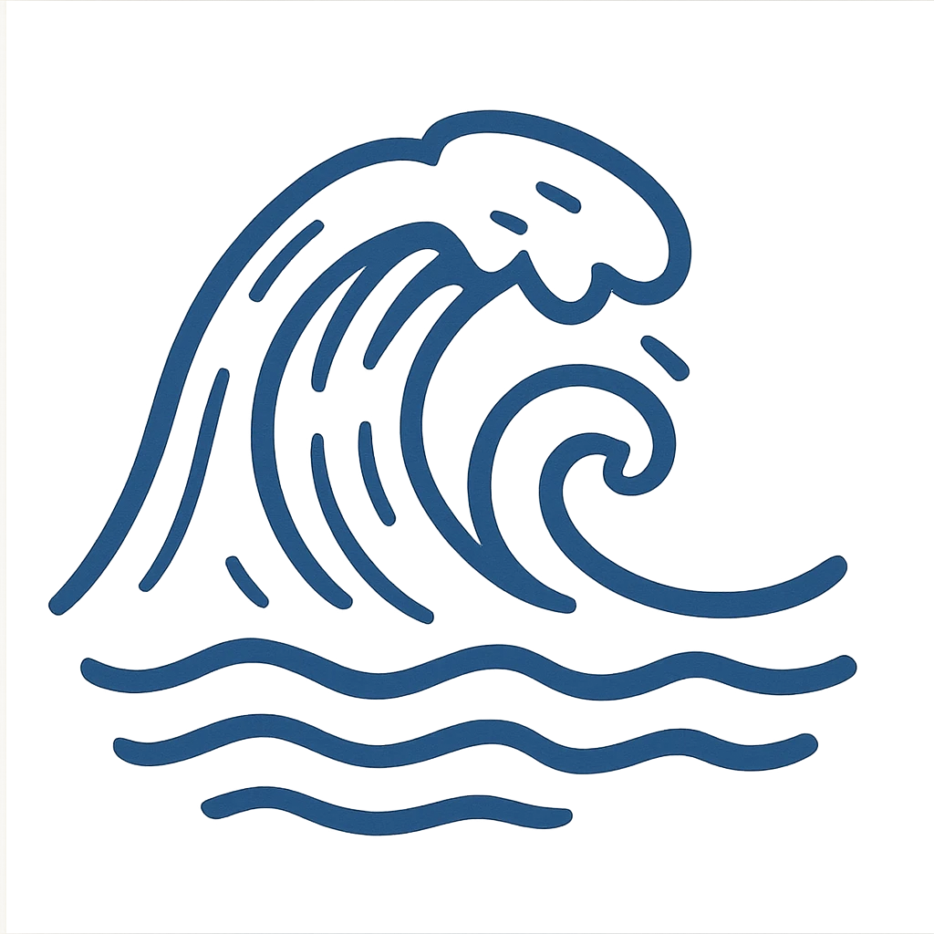 Notion style hand drawn doodle of a stylized ocean wave in blue emoji