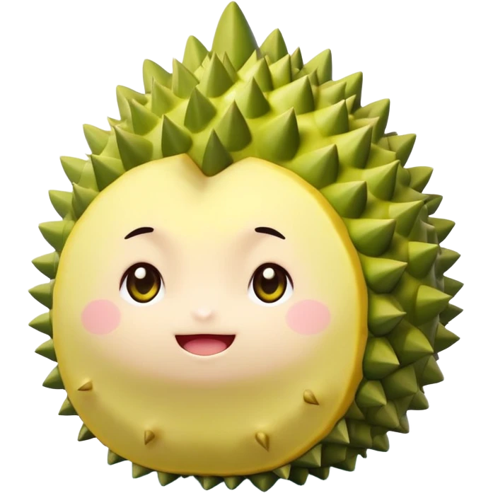 A chibi-style round durian character with green spiky shell and yellow flesh, blushing and shy with sparkly eyes – pastel tones emoji