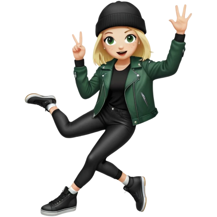 iPhone emoji style girl, blonde hair, black beanie, dark green eyes, freckles, winking, tongue out. Wearing black leather jacket, black leggings, big boobs, long white socks. Right hand doing "OK" sign. Full body, playful skater vibe, transparent background. emoji