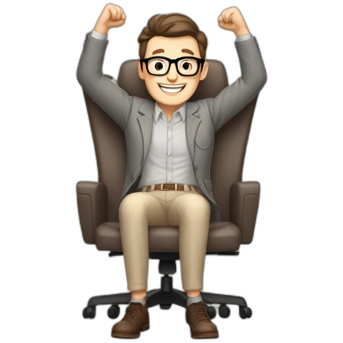 Joyful Celebrating victory Hands up Pale skinned Fit Man With dark brown hair in gray jacket, beige office shirt, Brown pants and vintage glasses sitting In a soft chair emoji