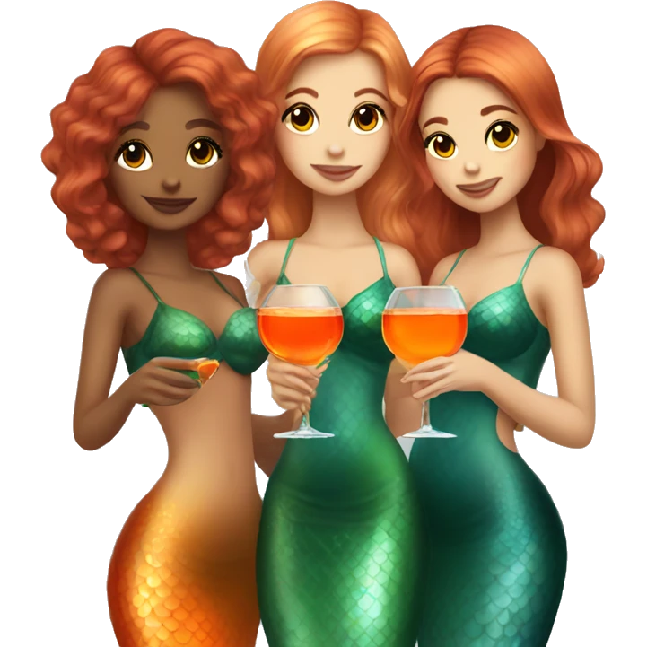 Three beautiful mermaids (light skin) drinking aperol emoji