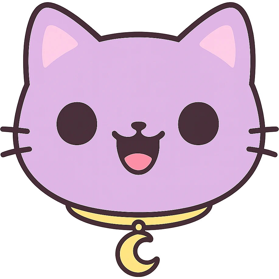 Create an image of just the head of a purple cat with solid black eyes, a wide open black mouth with no teeth, and a visible gold crescent moon pendant. The background should be removed, leaving only the cat's head and pendant visible. emoji