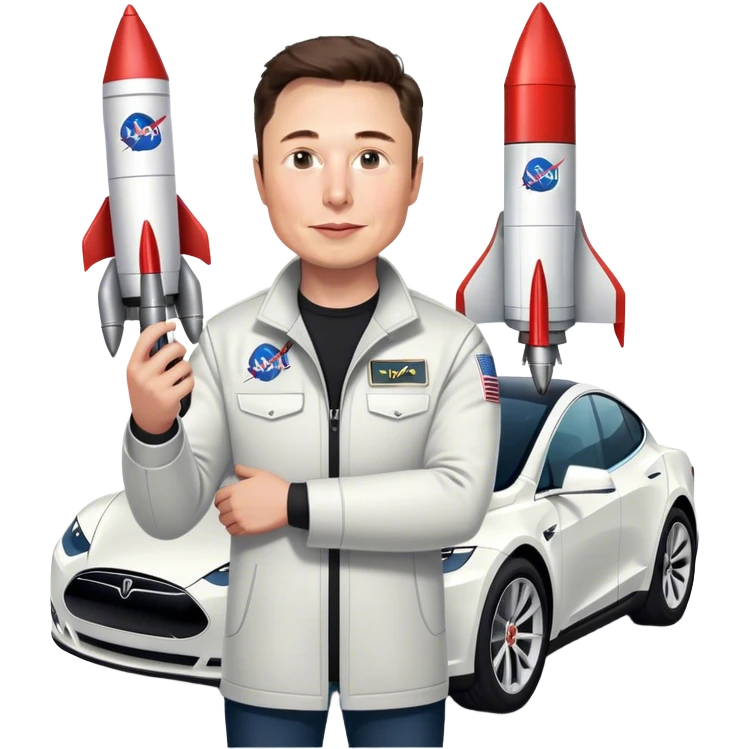 Elon musk holding a Nasa rocket and tesla car emoji