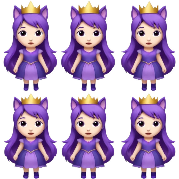 A collection of twelve chibi-style illustrations of a cute princess wearing a purple dress and crown with purple hair and purple wolf ears and purple wolf tail character. Each square shows the character expressing a different emotion against a white background And make a gap between each illusion emoji