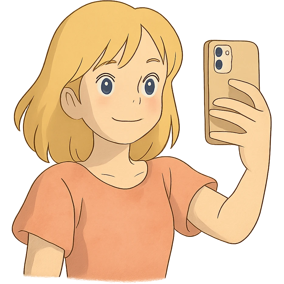 ghibli style illustration of a blonde girl taking a selfie with soft colors emoji