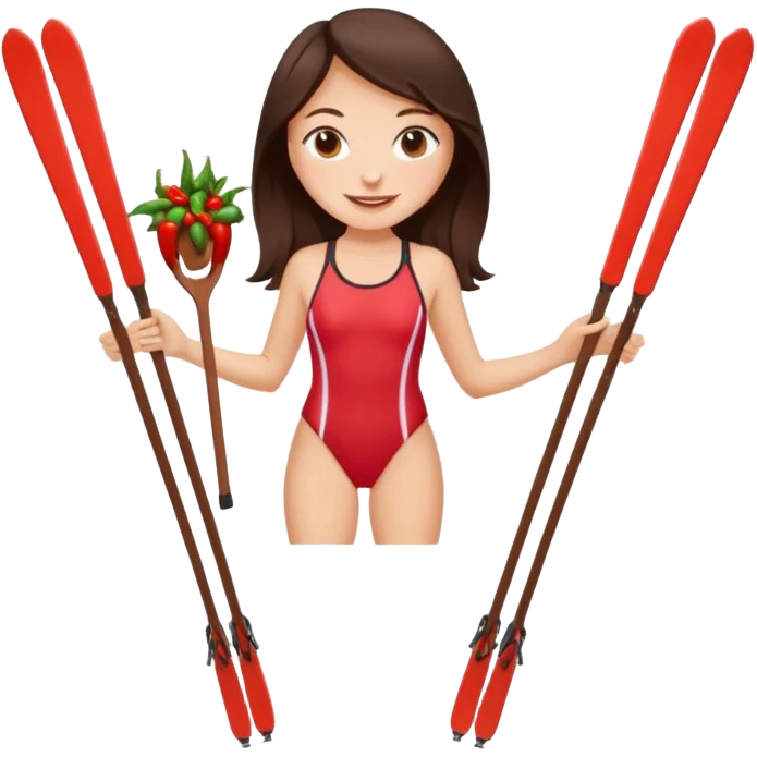 langrennski i ene hånden og en chili i den andre, bading, brunette, jente, chili, glad, baddrakt emoji