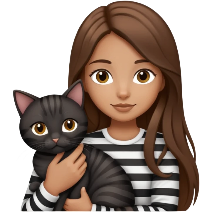 tan girl with long brown hair holding two cats, one black cat and one grey-striped cat emoji