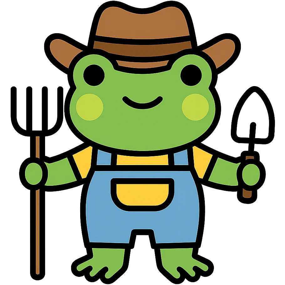 color outline icon of a frog in cowboy hat and overalls, holding gardening tools emoji