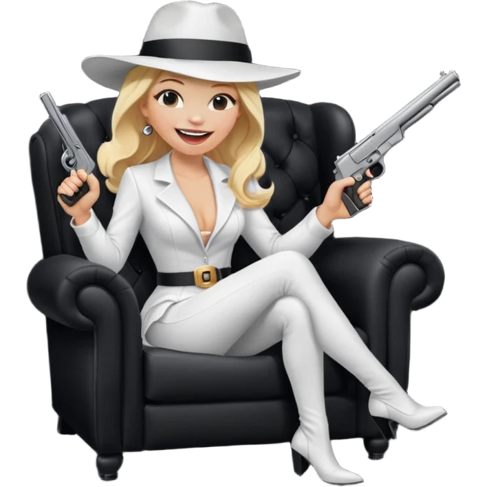 Mafia blondes Laughter lol woman in hat , gun ,black armchair , white costume  emoji