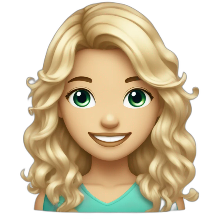 girl smiling with brown to blonde ombre wavy hair with bangs and greenish blue eyes wearing rhinestones next to eyes saying hi emoji