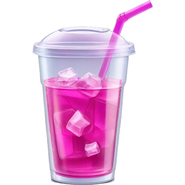 Realistic see through plastic cup and lid with half full Transluscent magenta soda,straw and large ice cubes inside. emoji