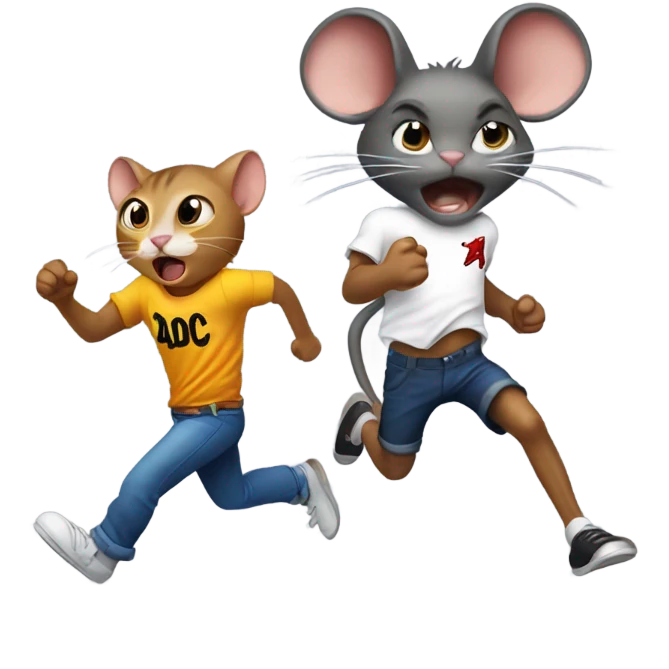 a mouse being chased by a cat with ac/dc shirt on emoji