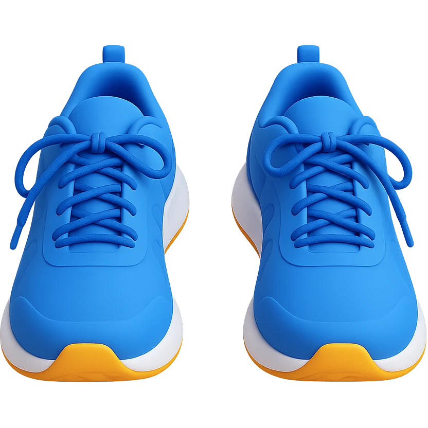 Edit the image to keep the same cartoonish 3D emoji style and front view as the reference image, but change the shoe laces to blue. The shoes should remain a pair of blue running shoes with white soles. Remove the background. The style is cartoonish 3D emoji. emoji