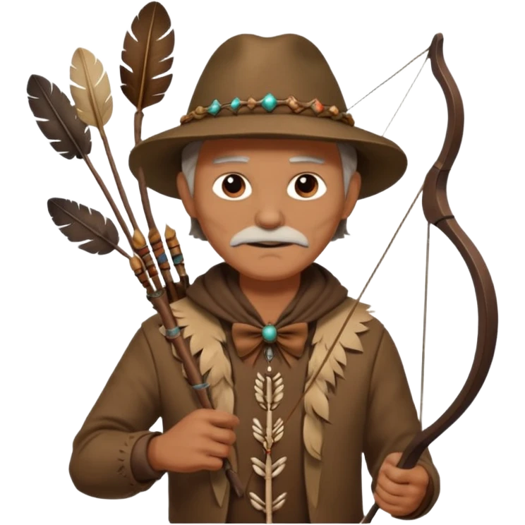 The classic image of a middle-aged uncle hunter carrying a bow, dressed in brown clothes, with some ornaments made of feathers, bones or teeth on his body. emoji