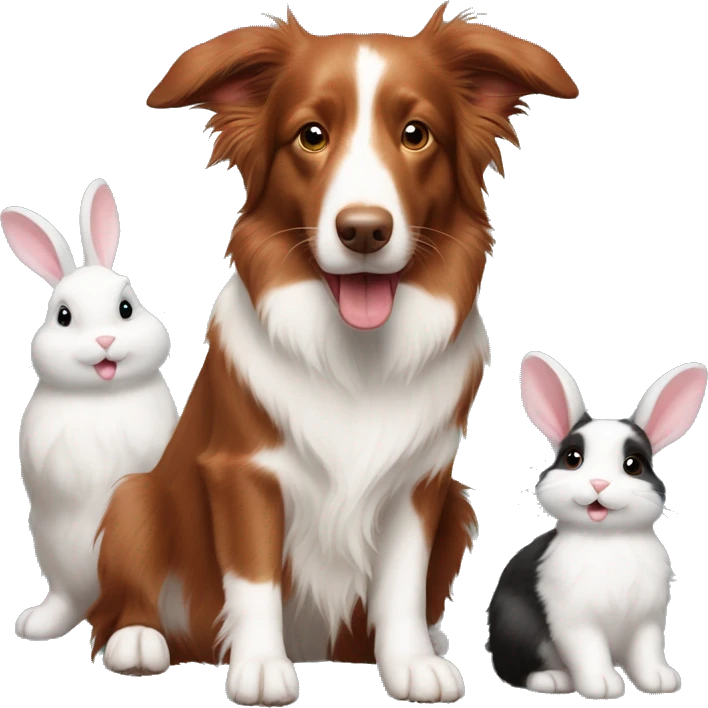 Red tri border collie with two mini lop rabbits  emoji