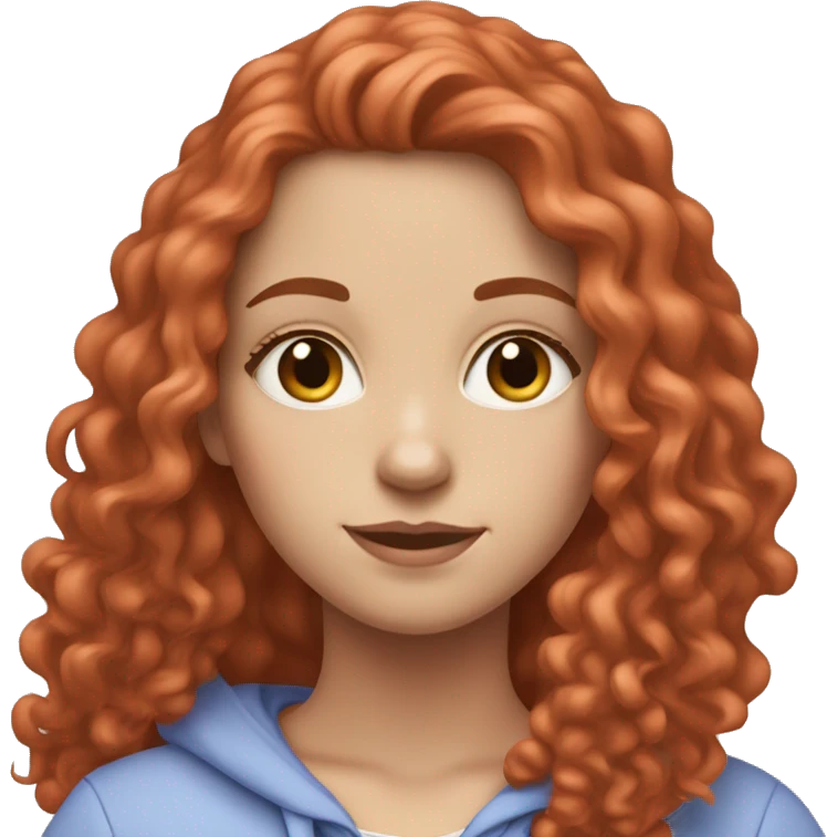 a white girl with long red curly hair, wearing a pastel periwinkle hoodie doing a pose emoji