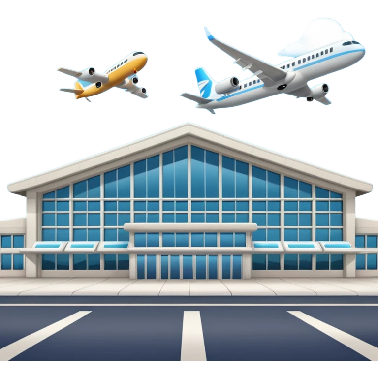 A 3D cartoon airport terminal building with glass windows and airplanes nearby, clean lighting, Memoji-style rendering. emoji